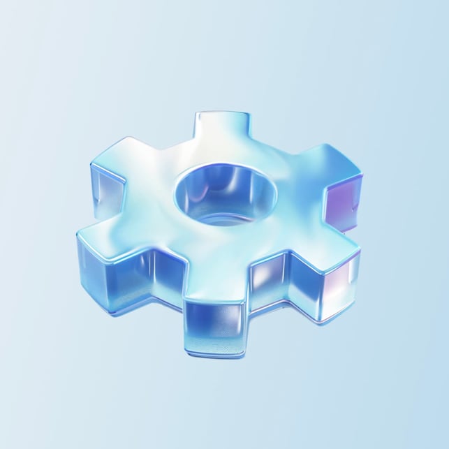 3D transparent gear icon symbolizing middle office operations, workflow automation, trade processing, and financial services infrastructure management.