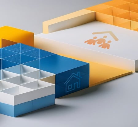Abstract blue and gold geometric blocks with home and family icons, symbolizing property management, housing solutions, and residential services.