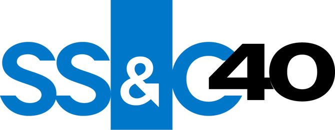 SS&C 40th anniversary logo in blue and black, celebrating four decades of financial technology and business services leadership.