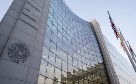 Low angle view of the U.S. Securities and Exchange Commission (SEC) headquarters building in Washington, DC