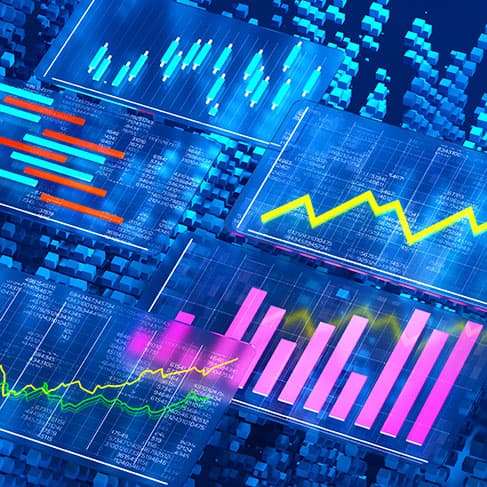 Collage of transparent data visualization panels showing multiple financial charts and graphs, including bar charts and line graphs in bright colors on a dark grid background.
