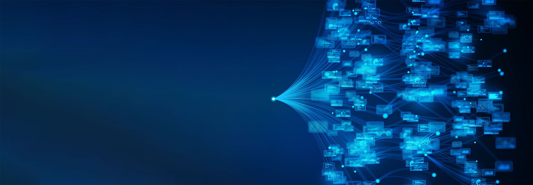 Abstract blue digital network with interconnected nodes and floating data panels forming a globe-like structure on a dark background.